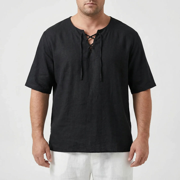 Relaxed fit men's V-neck top with lace-up detail. Perfect casual wear, plus size friendly.