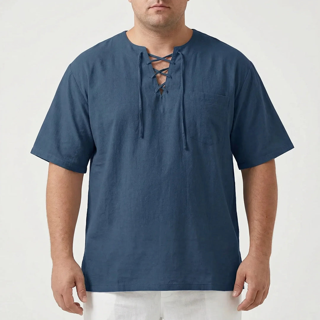 Comfortable men's loose fit V-neck shirt, great for casual wear and relaxed summer outfits.