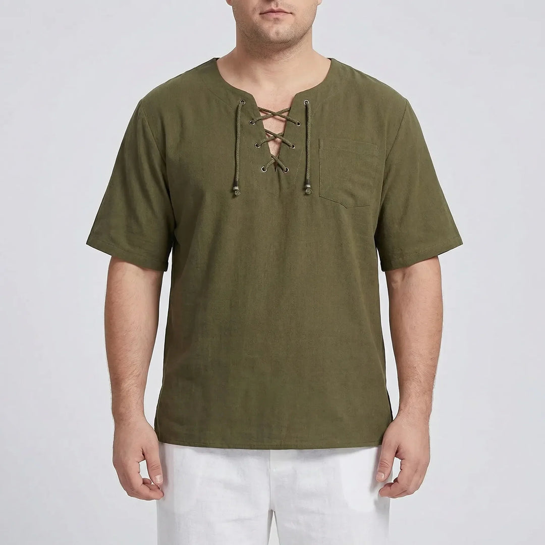 Men's casual V-neck pullover, features lace-up front and loose, comfortable fit. Summer style.