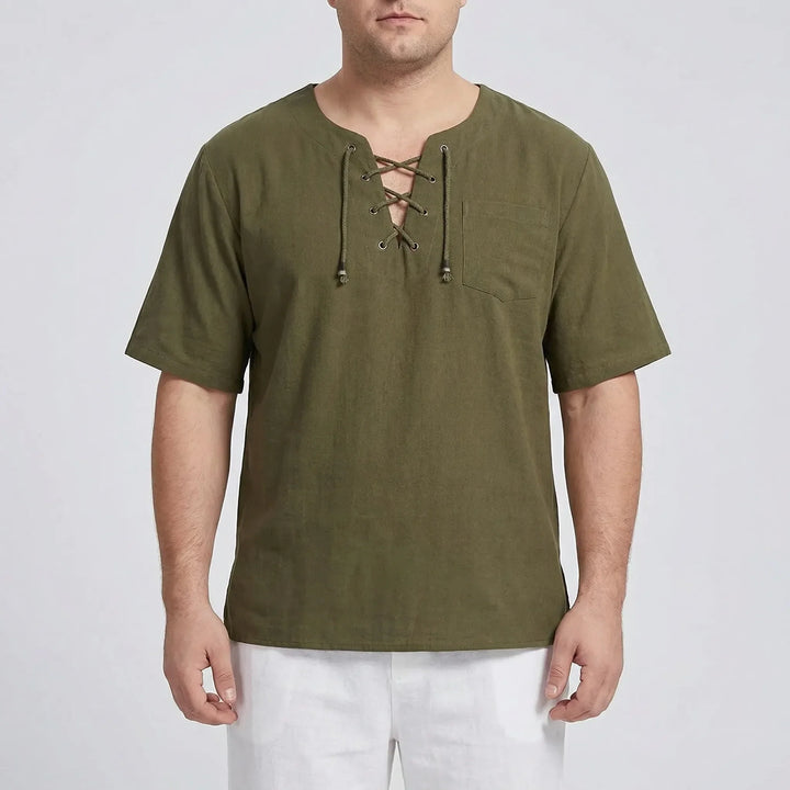 Men's casual V-neck pullover, features lace-up front and loose, comfortable fit. Summer style.