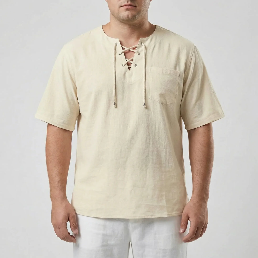 Loose fit men's V-neck lace-up top. A comfortable, half-sleeve pullover for casual summer fashion.