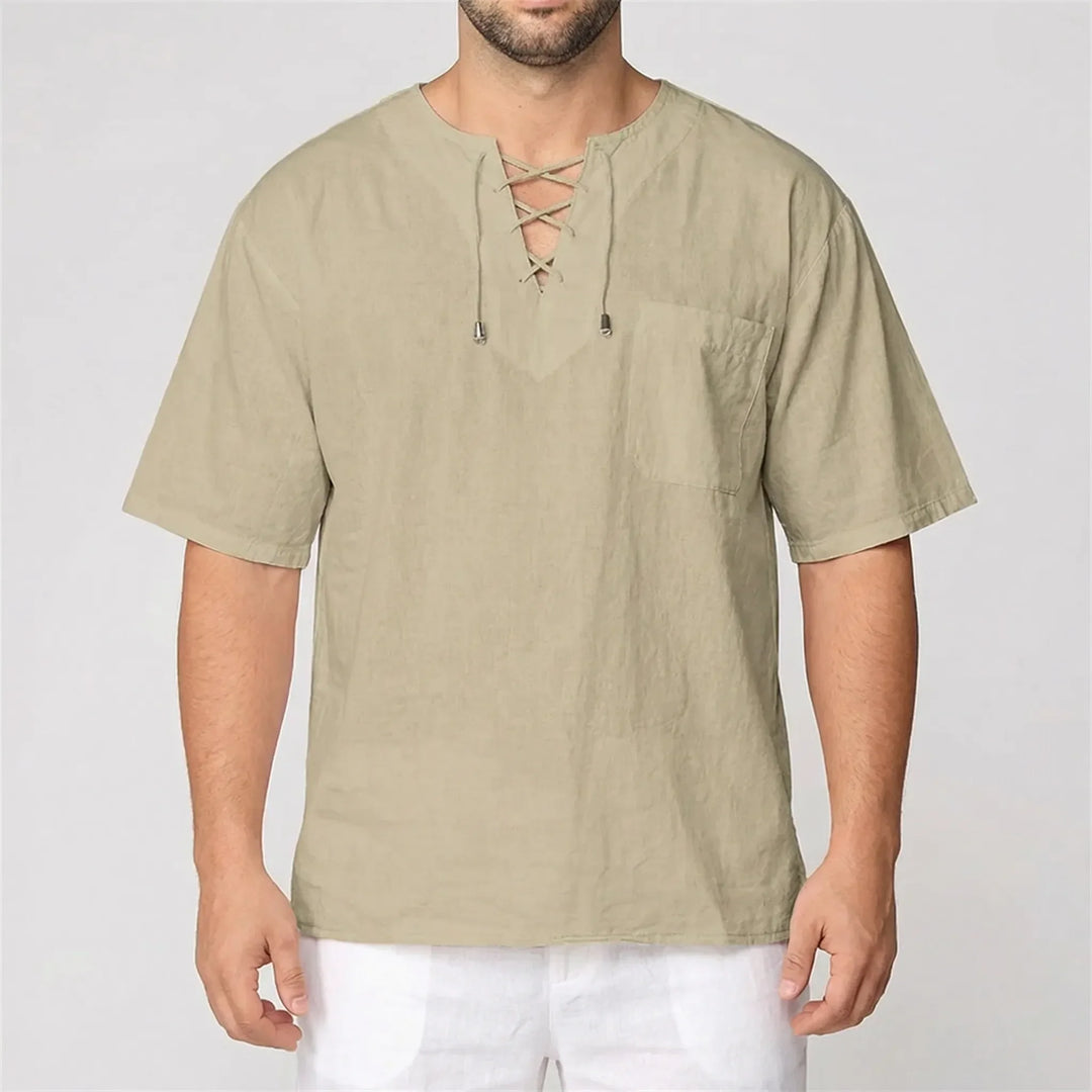 Men's relaxed V-neck lace-up shirt, a comfortable plus size pullover for everyday casual wear.