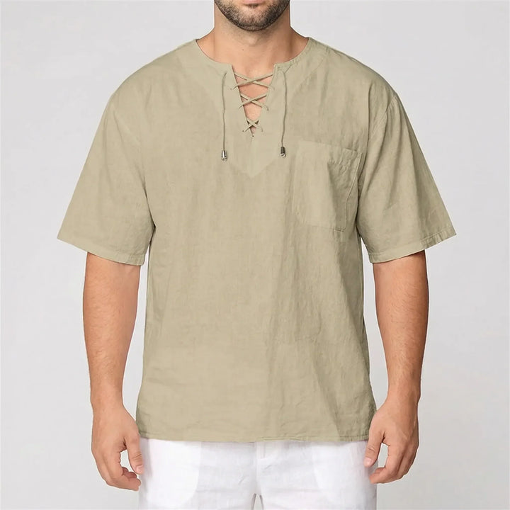 Men's relaxed V-neck lace-up shirt, a comfortable plus size pullover for everyday casual wear.
