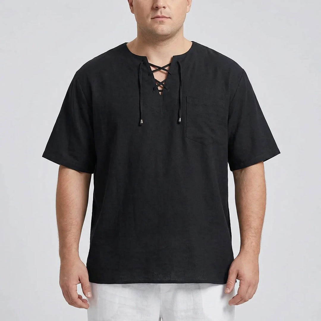 Stylish men's loose V-neck pullover with lace-up detail. Ideal for casual summer comfort.
