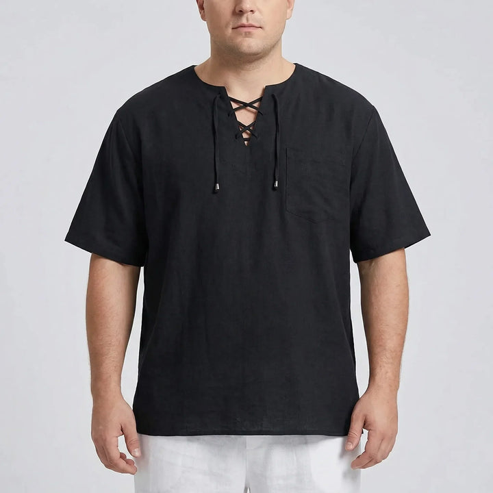 Stylish men's loose V-neck pullover with lace-up detail. Ideal for casual summer comfort.