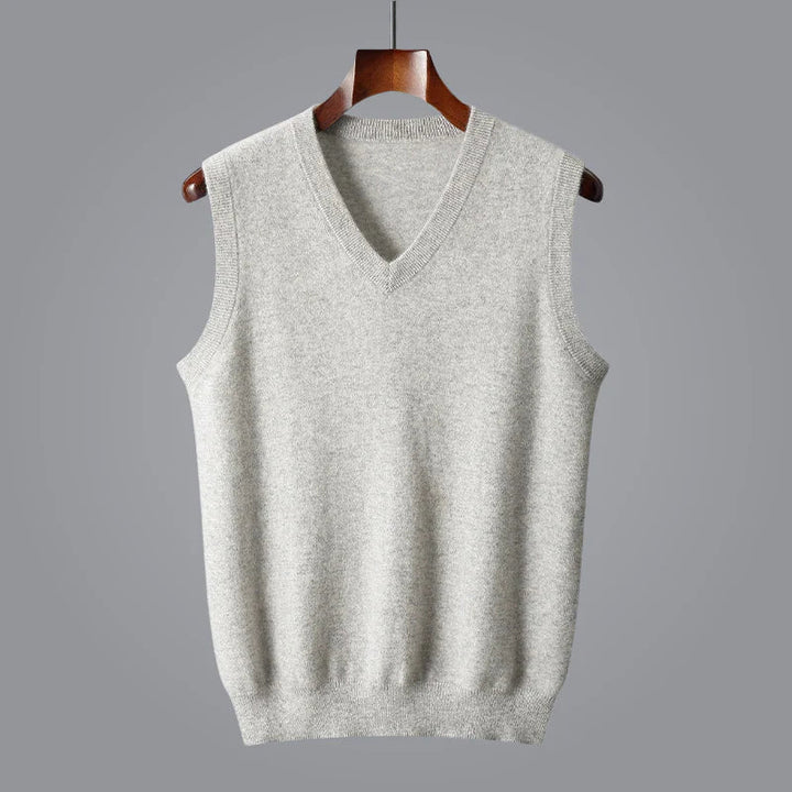 Close-up of a men's cashmere v-neck sweater vest, highlighting the fine knit and premium texture.