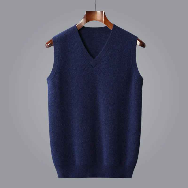 Stylish men's black cashmere v-neck vest, a versatile knitwear piece for sophisticated layering.