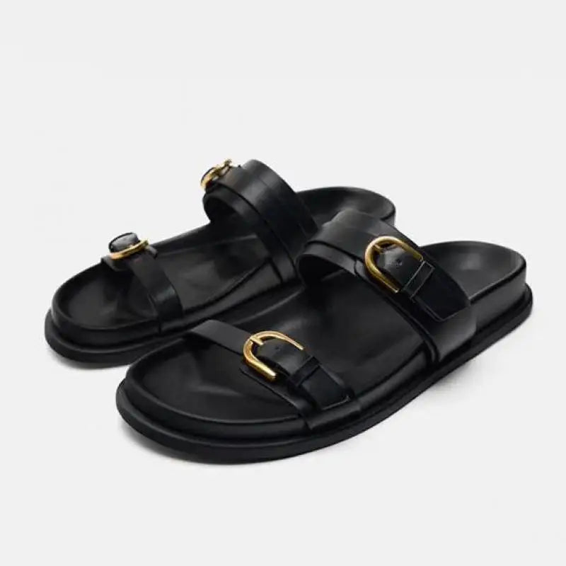 Men's leather slide sandals, side angle, showcasing ergonomic design and sole