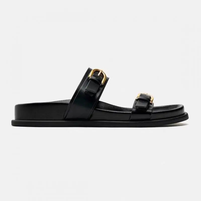 Detail of the adjustable strap on men's leather slide sandals for a custom fit