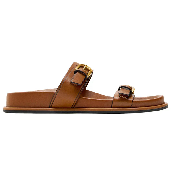 Men's slip-on leather slides in a rich tan color, versatile men's footwear choice