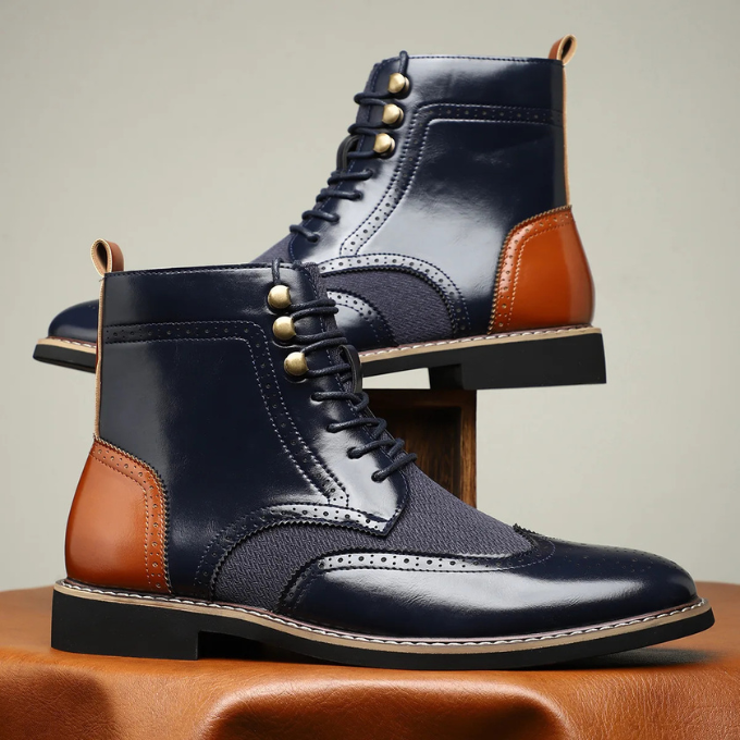 Classic men's wingtip brogue boots in a versatile dark brown, suitable for business or formal events.