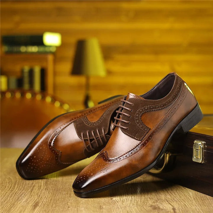 Stylish men's black brogue Oxford dress shoes, ideal for sophisticated formal events and office wear.