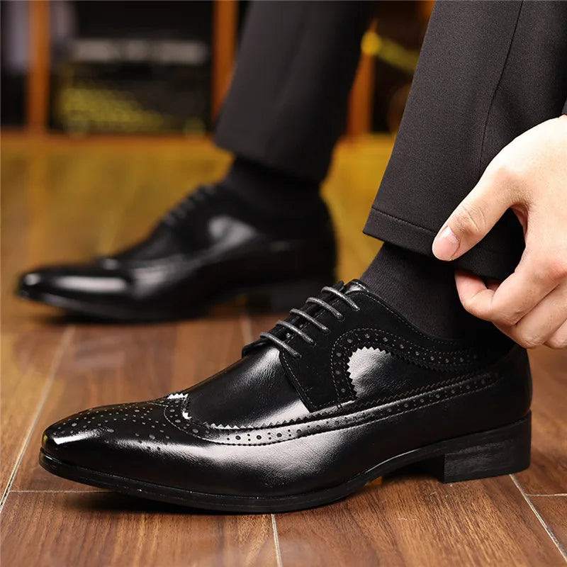 Men's tan brogue Oxford dress shoes, a versatile and luxurious option for formal and business attire.