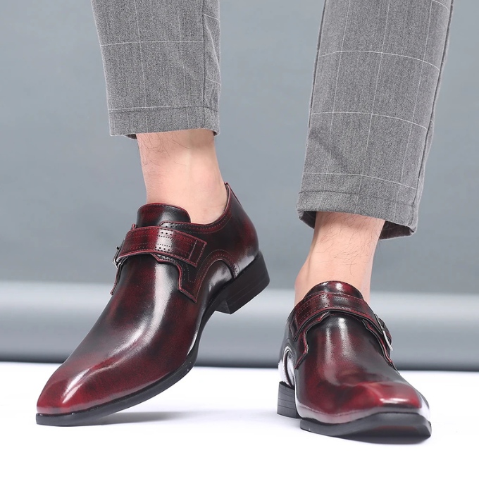 Pair of men's executive burnished leather monk strap dress shoes, formal footwear