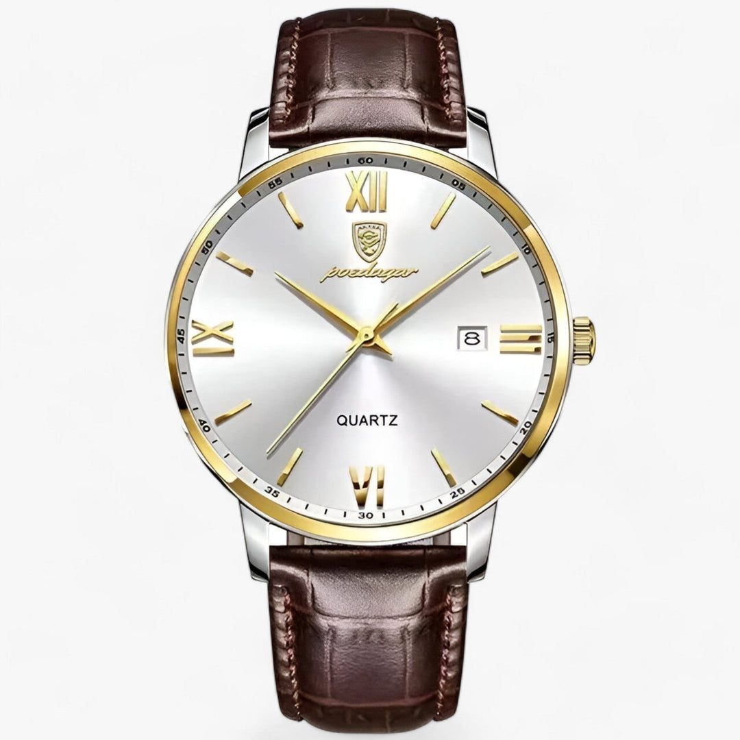 Men's luxury quartz watch with genuine black leather strap and classic silver case, ideal for formal wear.