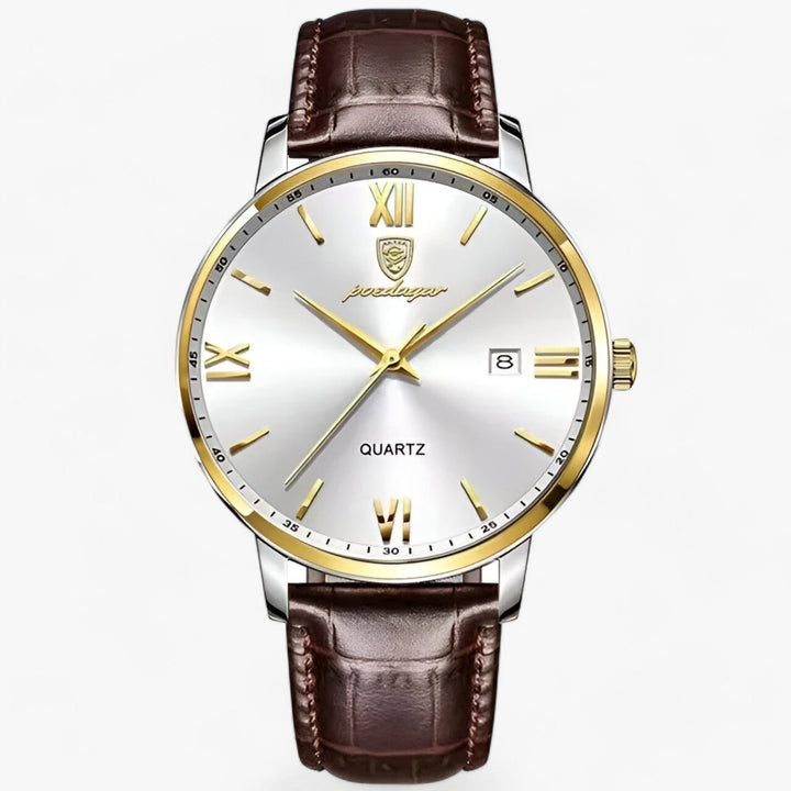 Men's luxury quartz watch with genuine black leather strap and classic silver case, ideal for formal wear.