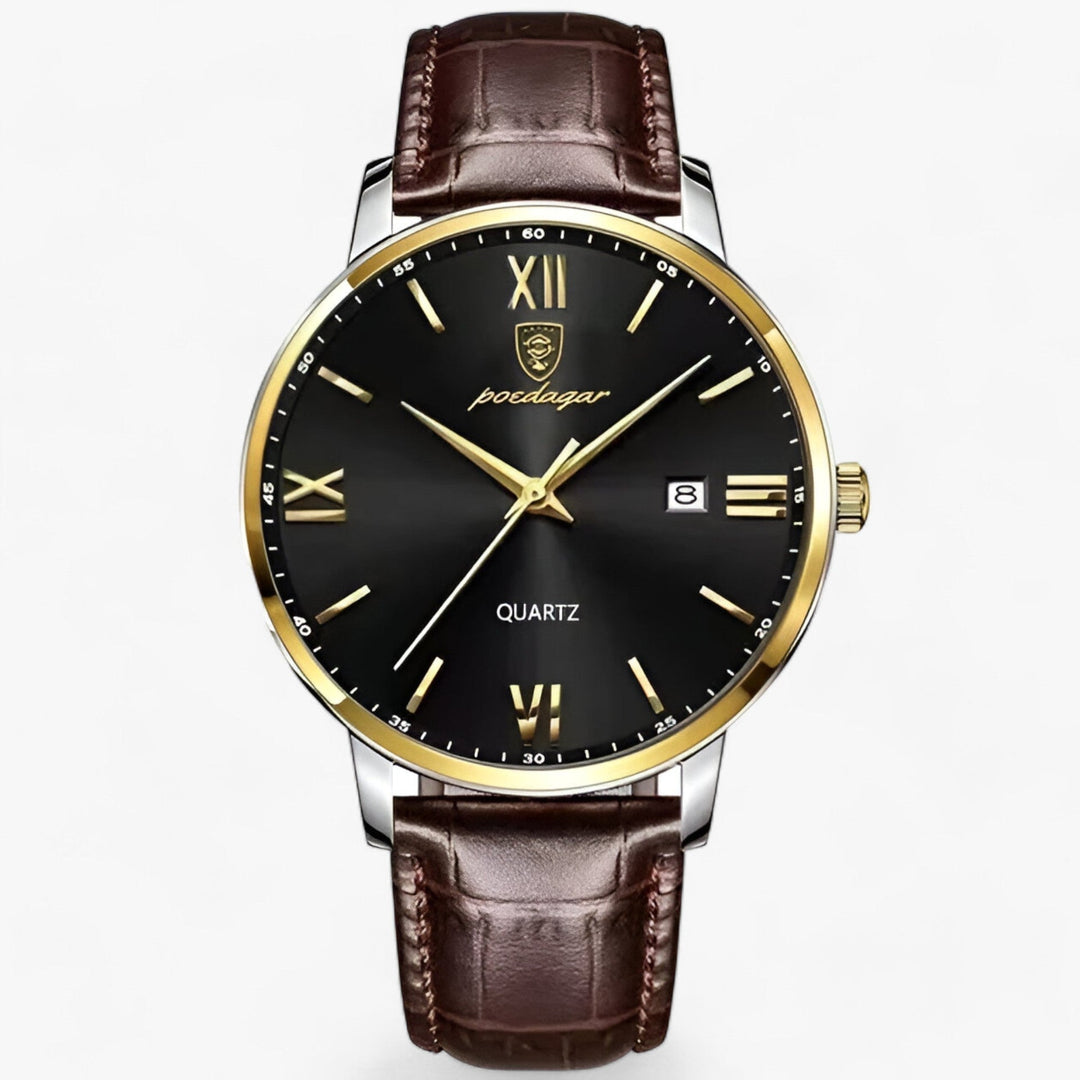 Elegant men's quartz watch featuring a genuine leather strap, perfect for business casual and formal attire.