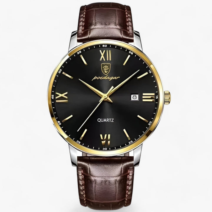Elegant men's quartz watch featuring a genuine leather strap, perfect for business casual and formal attire.