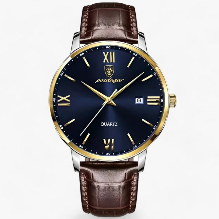 Classic men's luxury watch with a precise quartz movement and high-quality genuine leather strap.