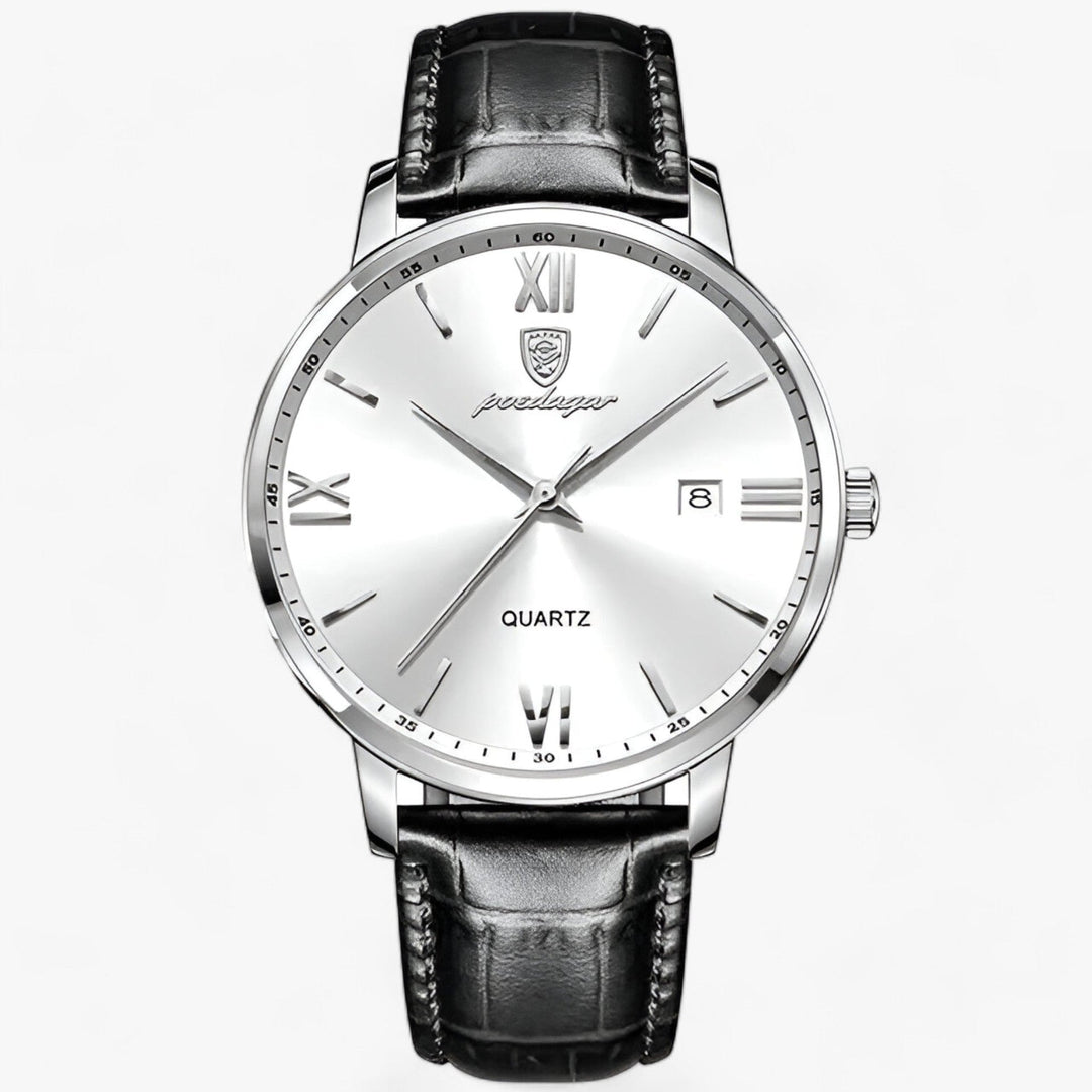 Sophisticated men's luxury quartz watch, black dial, genuine leather band, suits formal & business casual.