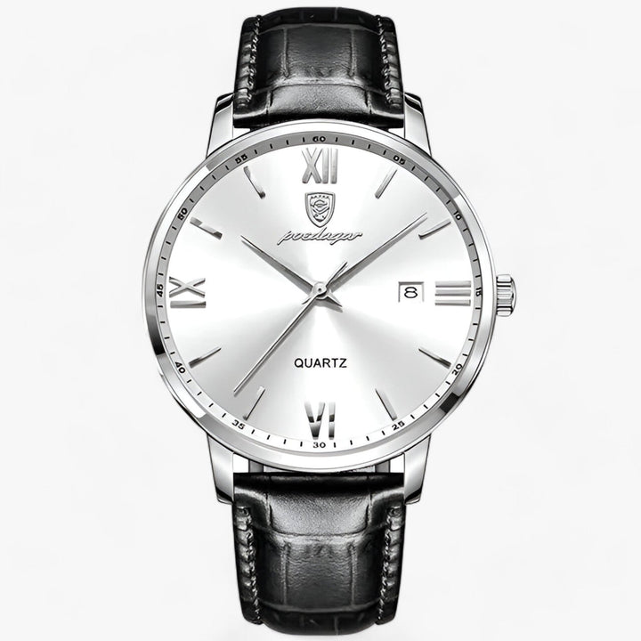 Sophisticated men's luxury quartz watch, black dial, genuine leather band, suits formal & business casual.
