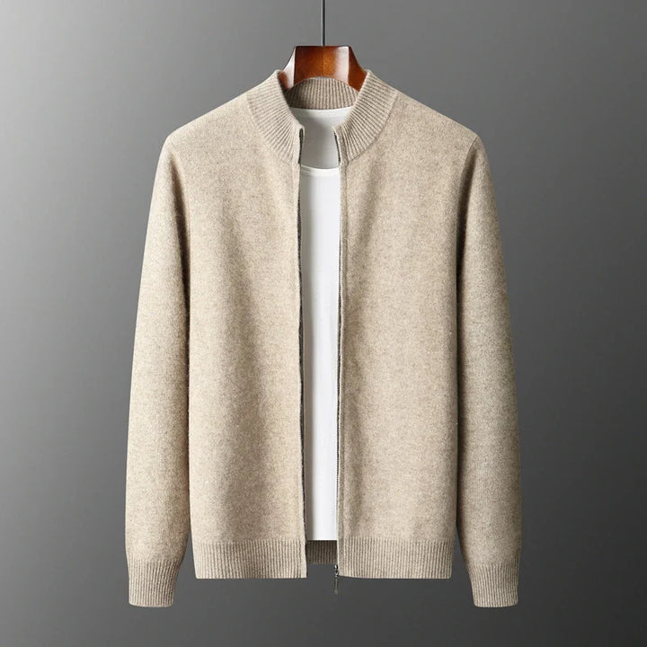 Men's luxury soft wool blend zip-front jacket in a minimalist style, perfect for fall fashion outerwear.