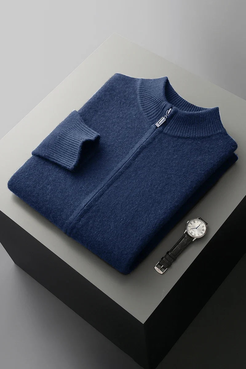 Lifestyle shot of the men's casual wool blend zip jacket worn outdoors, perfect for fall fashion.