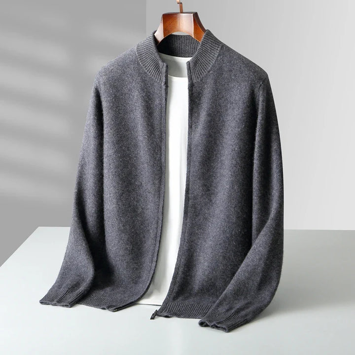 Full-body shot of a man wearing the men's luxury wool blend zip jacket, showcasing its comfortable fit.