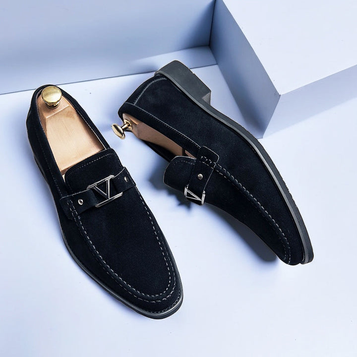 Luxury men's vegan suede loafers, perfect for adding a formal touch to any outfit, with buckle.