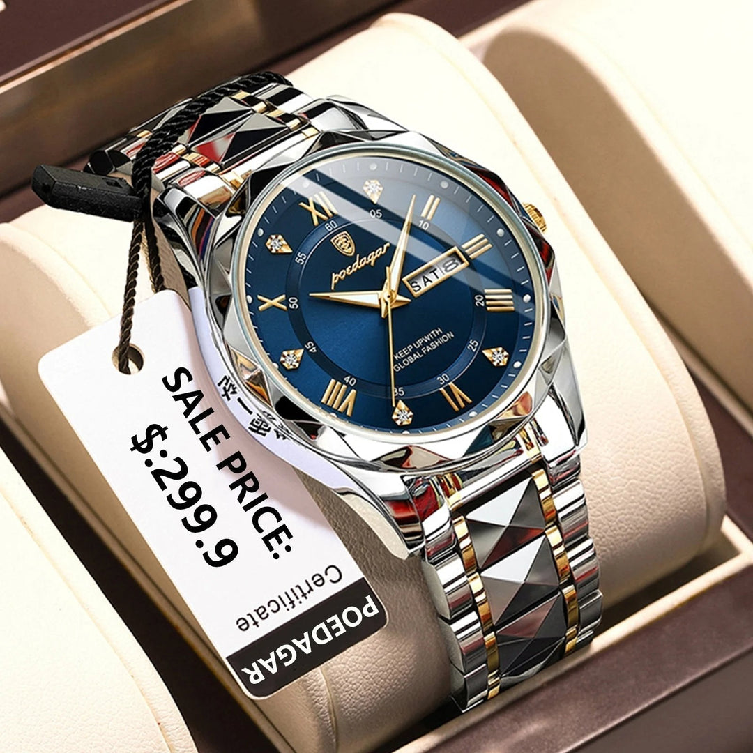 Men's luxury waterproof luminous quartz watch with day-date. Elegant & reliable business timepiece.