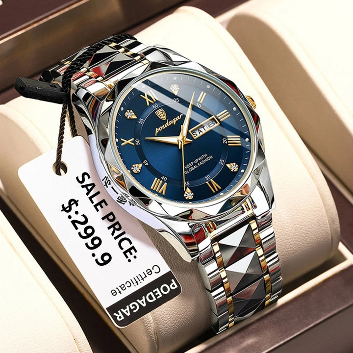 Men's luxury waterproof luminous quartz watch with day-date. Elegant & reliable business timepiece.