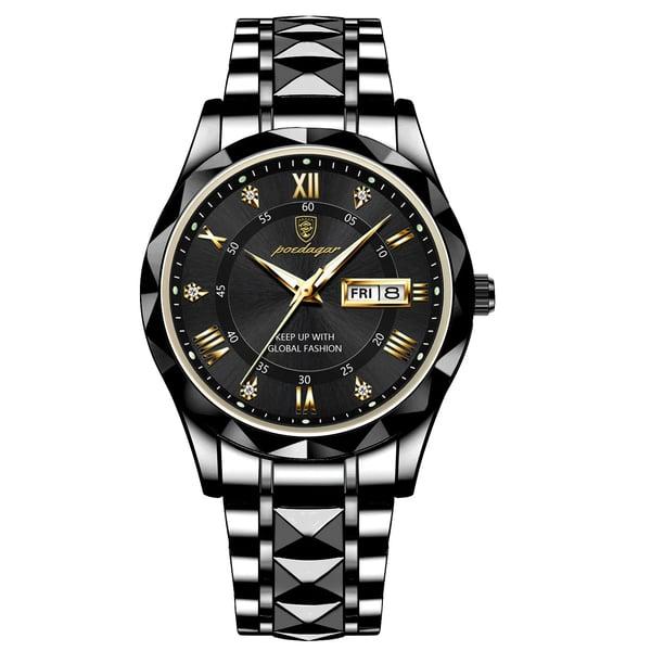 Luminous men's waterproof watch, glowing hands & markers. Excellent visibility in low light, elegant.