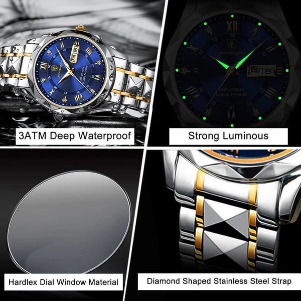 Luminous men's waterproof quartz watch with day-date display. Adjustable band for comfort & style.