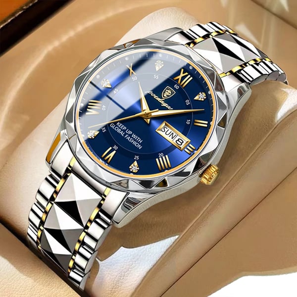 Durable men's waterproof luminous quartz watch. Reliable day-date luxury watch for active wear.