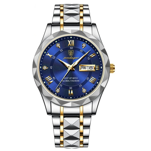 Close-up: Men's luxury watch dial, luminous markers & day-date function. Precise quartz movement.
