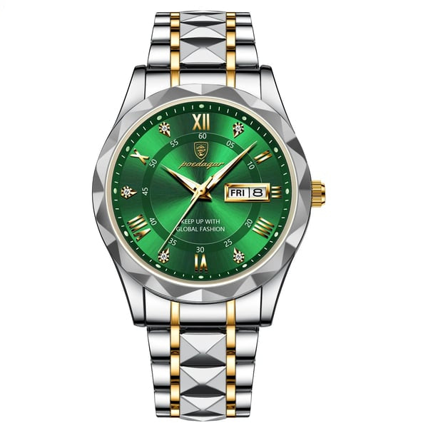 Precision quartz men's waterproof watch. Luminous hands & day-date display, classic business style.
