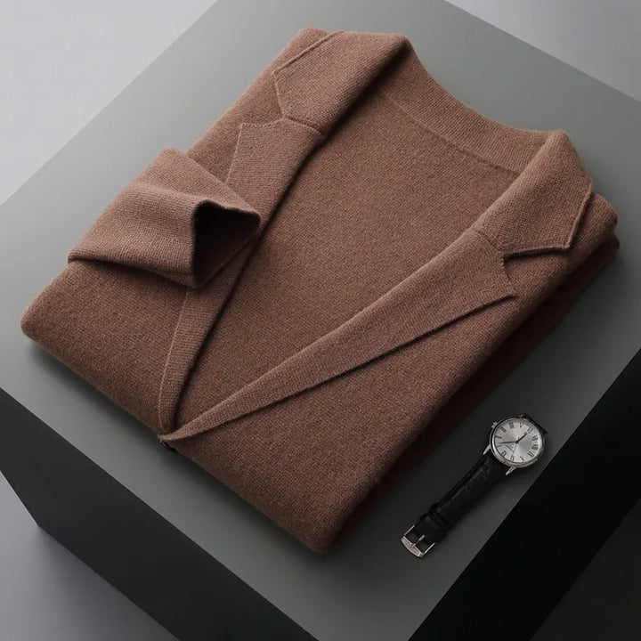Front view of a men's modern luxury cardigan, timeless knitwear design