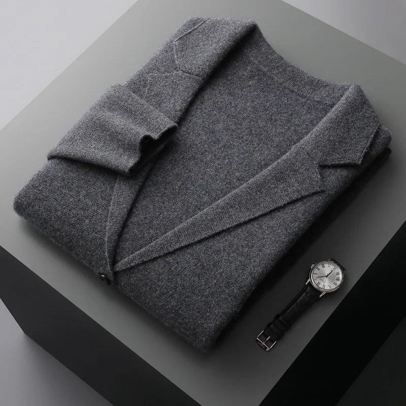 Model showcasing the fit of a men's luxury cardigan, comfortable & warm