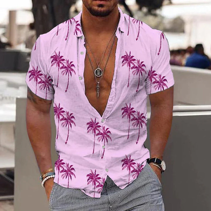 Stylish men's short sleeve linen button-down shirt, a casual summer essential with a relaxed fit for comfort.