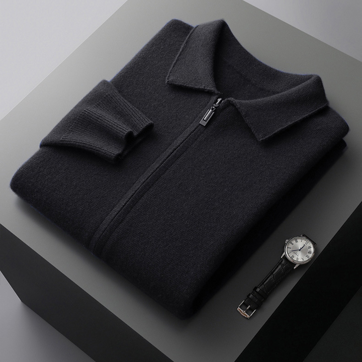 Merino wool men's zip-up jacket in a folded presentation, emphasizing its softness and packability