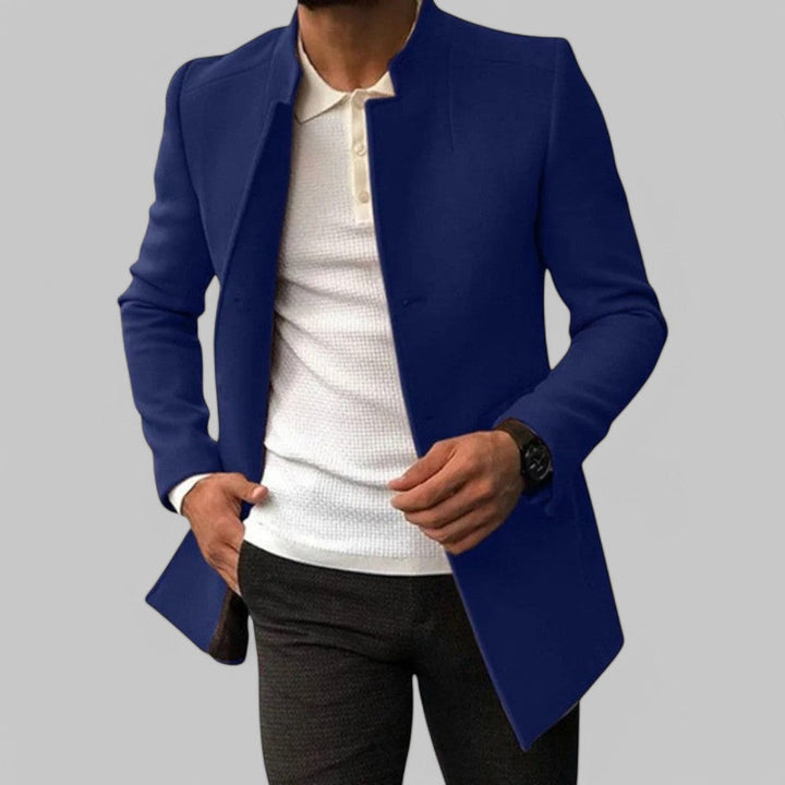 Modern men's fashion minimalist button coat, sophisticated smart casual outerwear for business & leisure.