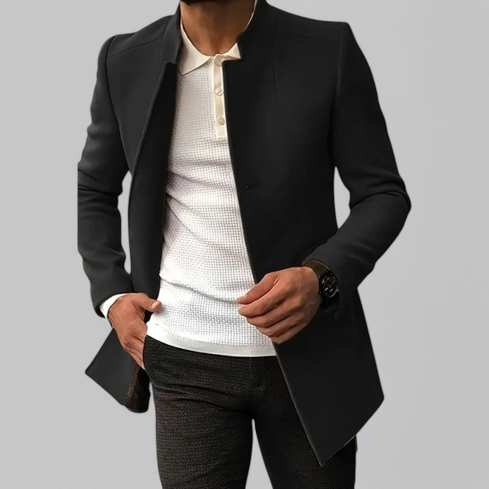 Practical men's minimalist button winter coat, designed for smart casual and business casual versatility.
