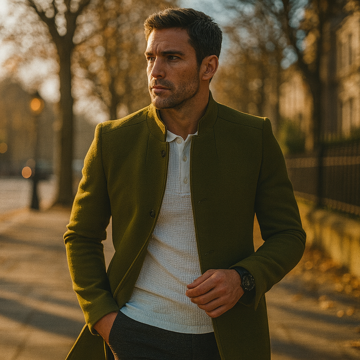 Classic men's minimalist button coat, an ideal smart casual blazer alternative for stylish winter outfits.