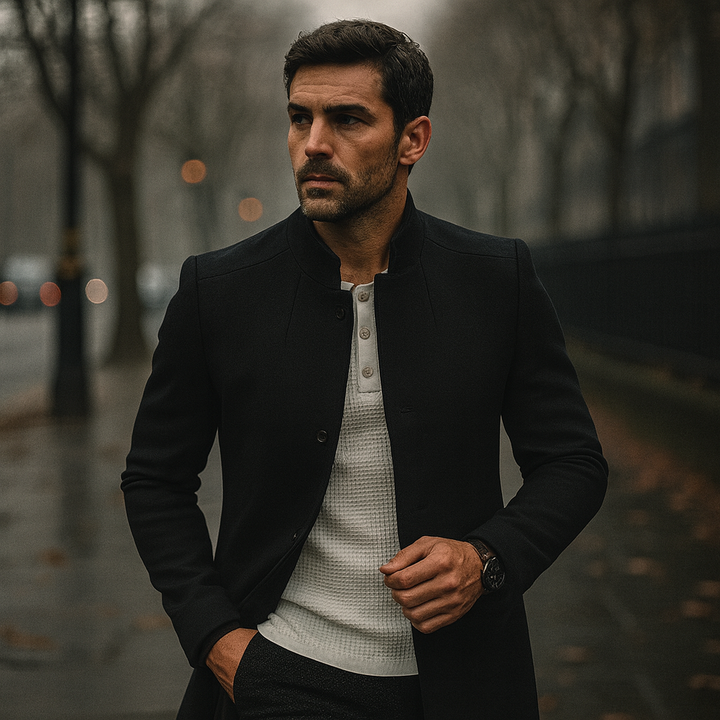 Men's stylish minimalist button coat, essential smart casual and business casual outerwear for AW.