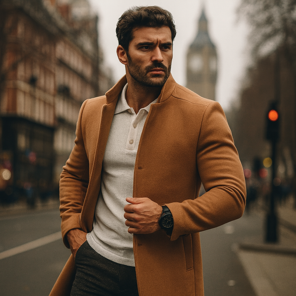 Tailored men's minimalist trench coat, ideal smart casual outerwear for autumn/winter.