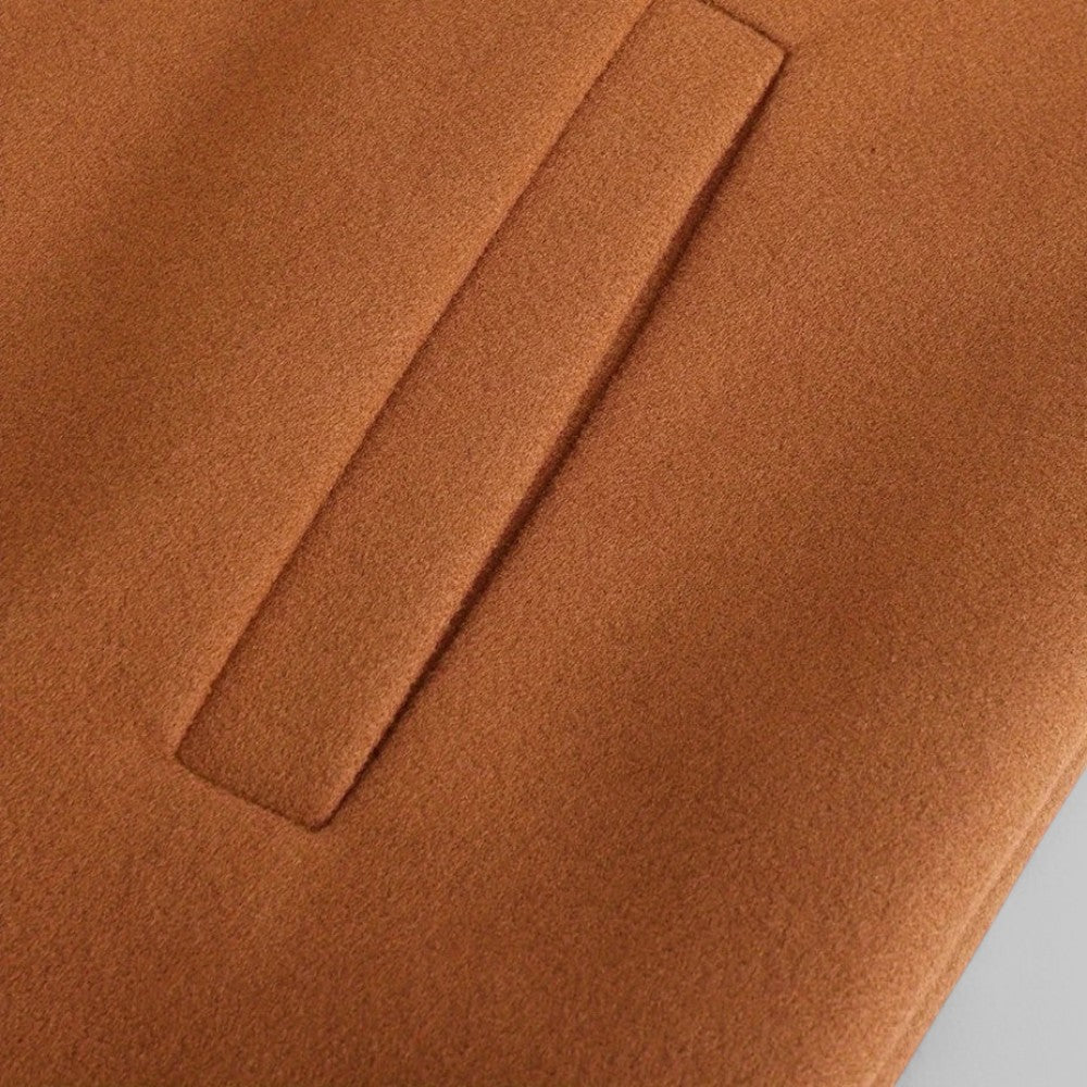 Modern men's smart casual button coat, a sophisticated minimalist outerwear piece for fall/winter fashion.
