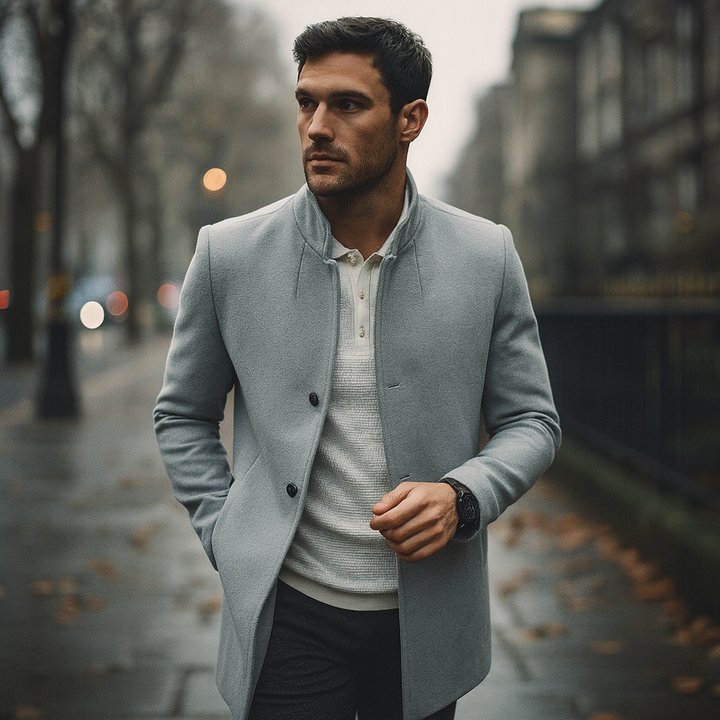 Men's smart casual button coat, a stylish minimalist blazer-style outerwear for winter & autumn fashion.