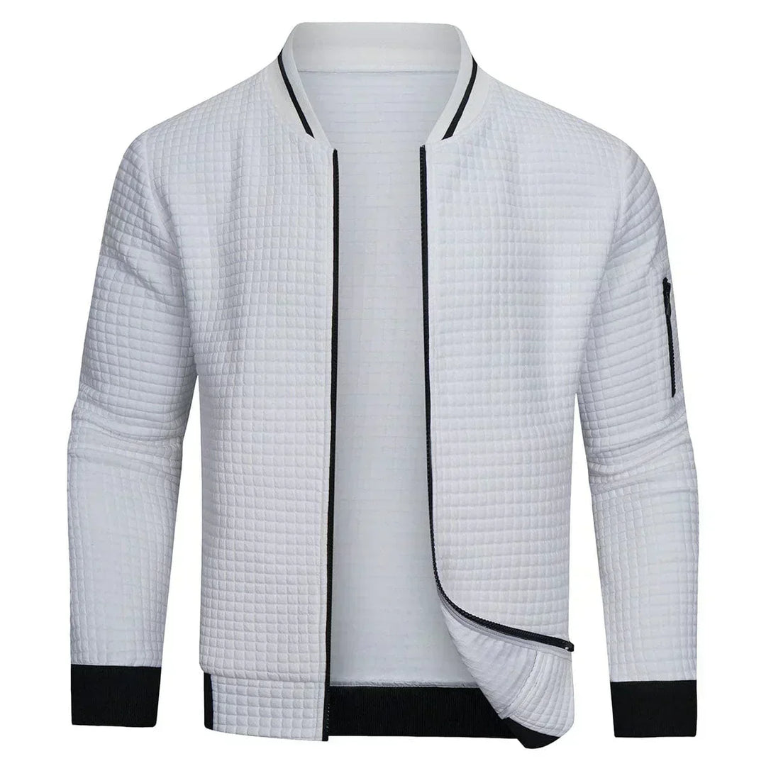 Men's Mitchell full-zip cardigan. Textured grid knit, long sleeves, versatile layering piece for casual men's fashion.