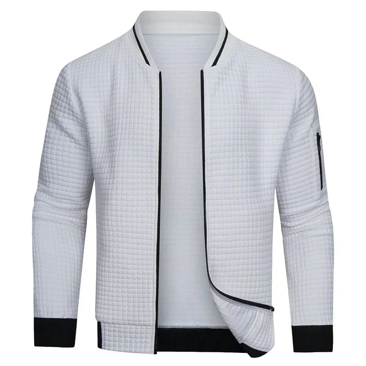 Men's Mitchell full-zip cardigan. Textured grid knit, long sleeves, versatile layering piece for casual men's fashion.