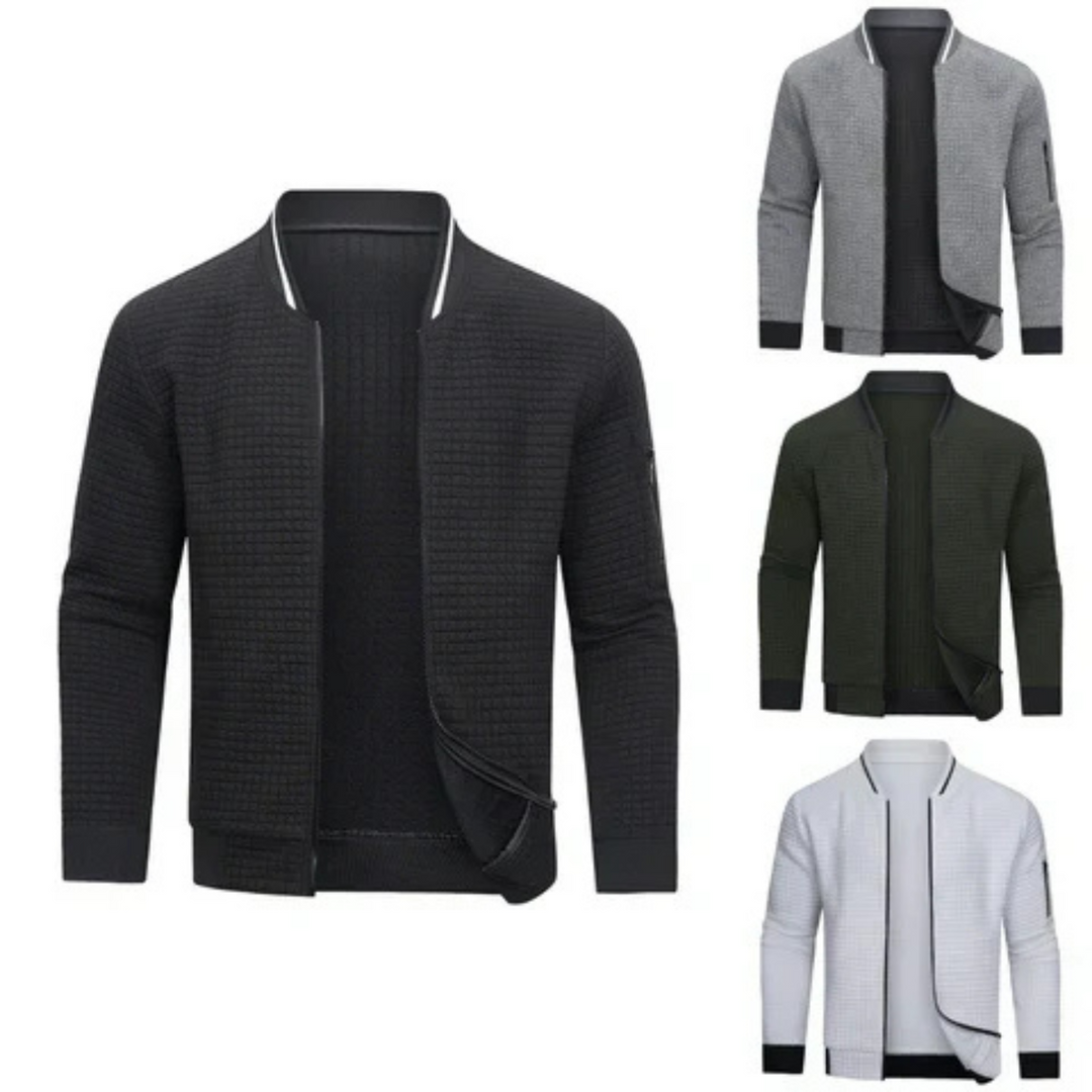 Close-up of men's textured grid knit cardigan. Full-zip front, soft fabric for comfortable and stylish everyday wear.